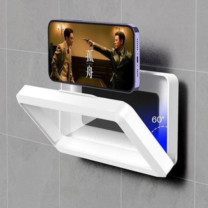 "Apple ShowerGuard: Waterproof Wall-Mounted Phone Holder with Touch Screen and Self-Adhesive Stand"