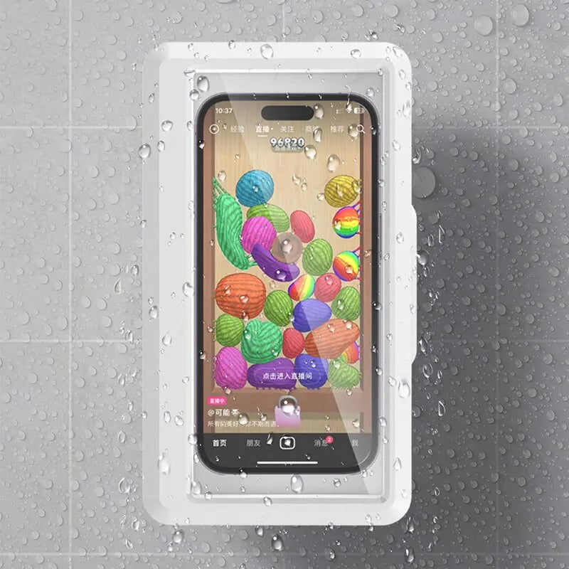 "Apple ShowerGuard: Waterproof Wall-Mounted Phone Holder with Touch Screen and Self-Adhesive Stand"